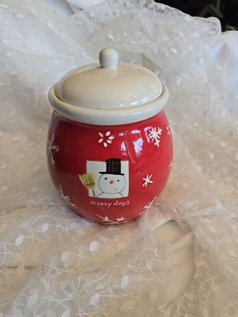 HALLMARK - Merry Days Cookie Jar Christmas Holiday Canister Snowman Snowflakes